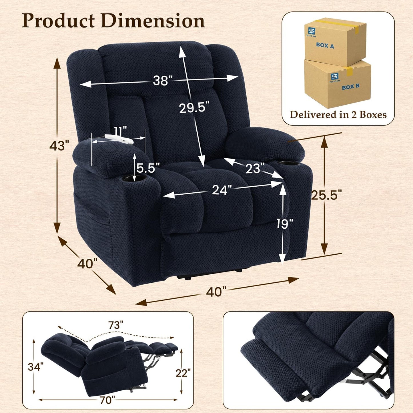 Cfvyne Large-Wide Power Lift Recliner Chair for Elderly, Big and Tall, Heat and Massage, Lift Chairs Recliners with Extended Footrest, Remote Control, 2 Cup Holders, Blue