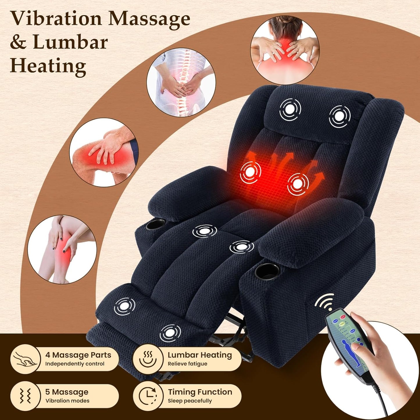 Cfvyne Large-Wide Power Lift Recliner Chair for Elderly, Big and Tall, Heat and Massage, Lift Chairs Recliners with Extended Footrest, Remote Control, 2 Cup Holders, Blue
