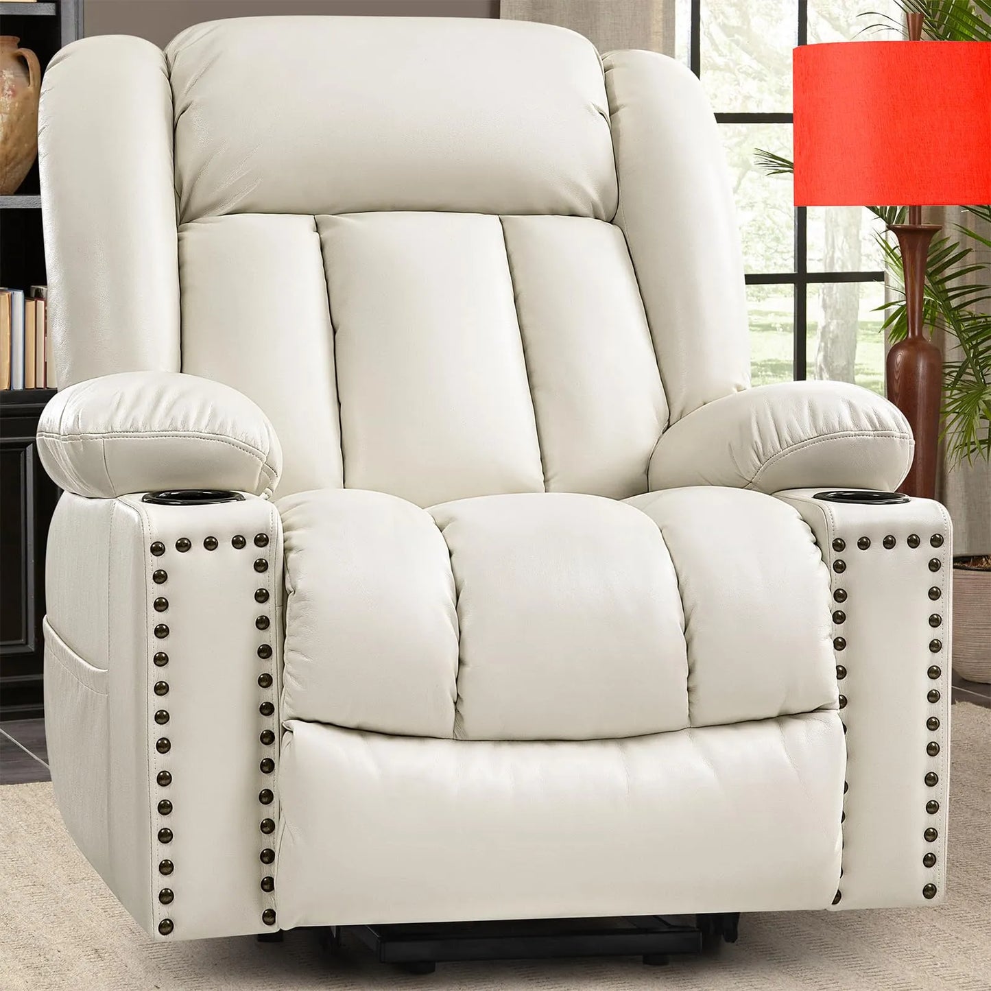 Large Power Lift Chairs Recliners for Elderly with Heated and Massage, Breathable Leather, USB-A and USB-C, Cup Holder, Side Pocket, Beigi