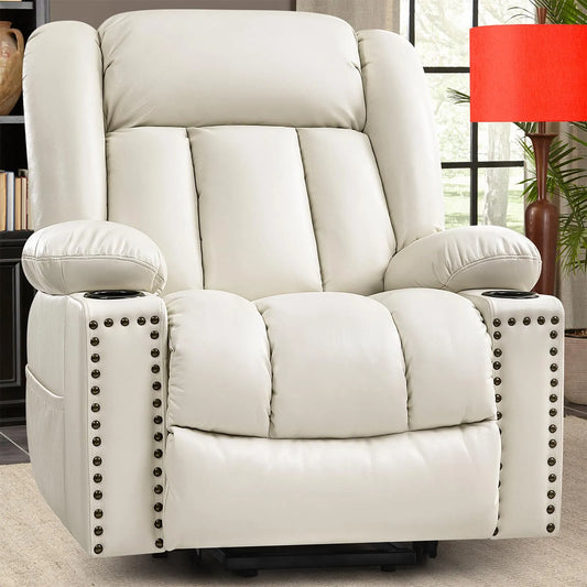 Large Power Lift Chairs Recliners for Elderly with Heated and Massage, Breathable Leather, USB-A and USB-C, Cup Holder, Side Pocket, Beigi