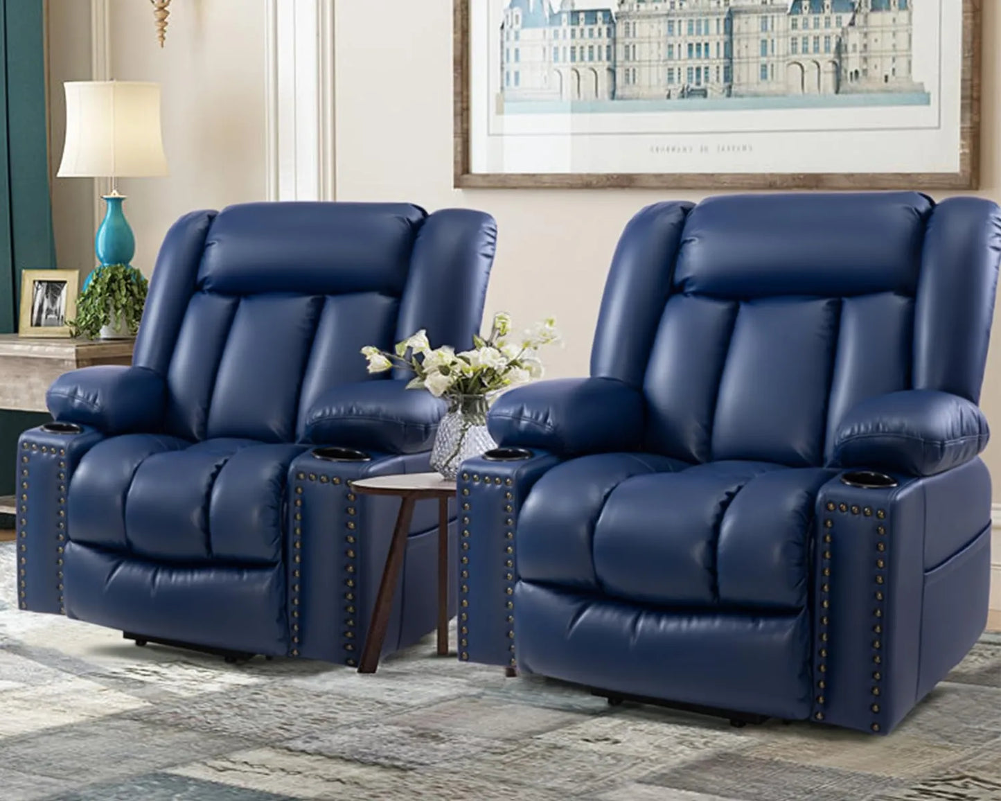 Large Power Lift Chairs Recliners for Elderly with Heat and Massage Set of 2, Breathable Leather, USB-A USB-C, Cup Holder, Side Pocket, Blue