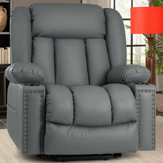 Large Power Lift Chairs Recliners for Elderly with Heated and Massage, Breathable Leather, USB-A and USB-C, Cup Holder, Side Pocket, Grey