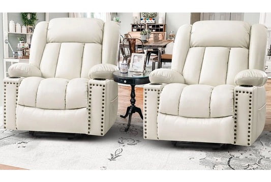 Large Power Lift Chairs Recliners for Elderly with Heat and Massage Set of 2, Breathable Leather, USB-A USB-C, Cup Holder, Side Pocket, Beigi