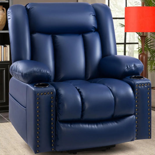 Large Power Lift Chairs Recliners for Elderly with Heated and Massage, Breathable Leather, USB-A and USB-C, Cup Holder, Side Pocket, Blue