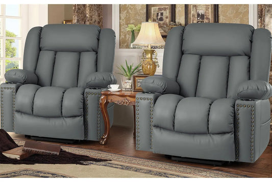 Large Power Lift Chairs Recliners for Elderly with Heat and Massage Set of 2, Breathable Leather, USB-A USB-C, Cup Holder, Side Pocket Grey