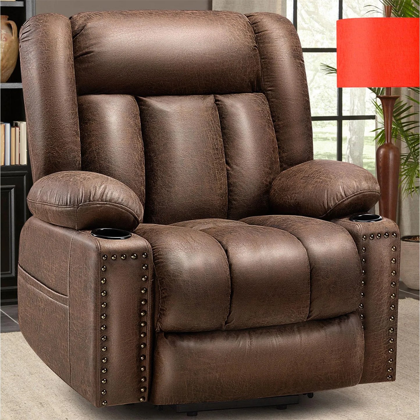 Large Power Lift Chairs Recliners for Elderly with Heated and Massage, Breathable Leather, USB-A and USB-C, Cup Holder, Side Pocket, Chocolate