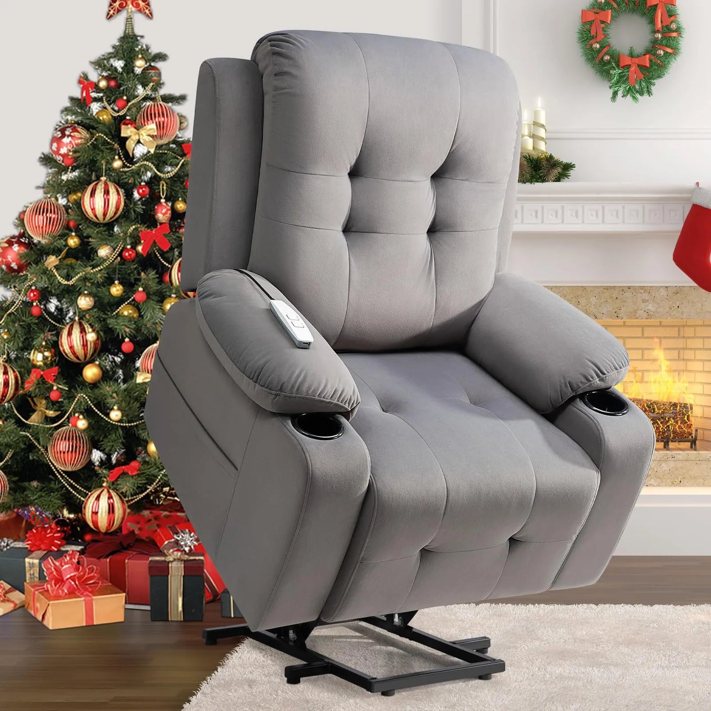 Large Power Lift Chairs Recliners for Elderly with Heated and Massage, Breathable Leather, USB-A and USB-C, Cup Holder, Side Pocket,Plush Grey