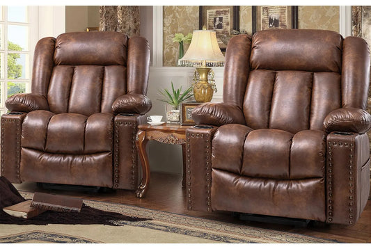 Large Power Lift Chairs Recliners for Elderly with Heat and Massage Set of 2, Breathable Leather, USB-A USB-C, Cup Holder, Side Pocket, Brown