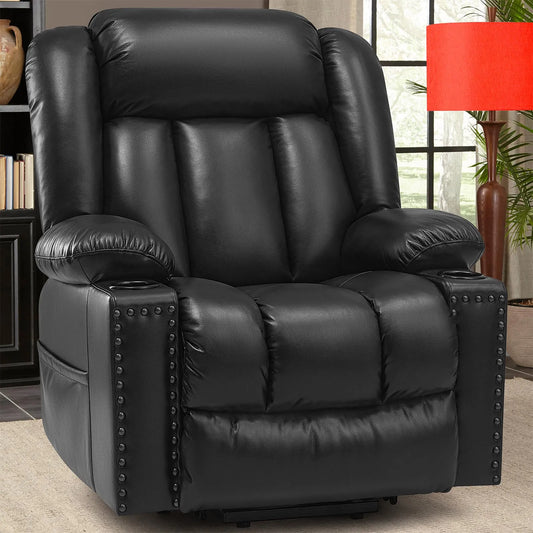 Large Power Lift Chairs Recliners for Elderly with Heated and Massage, Breathable Leather, USB-A and USB-C, Cup Holder, Side Pocket, Black