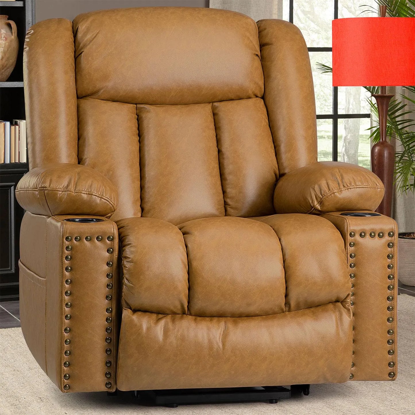 Large Power Lift Chairs Recliners for Elderly with Heated and Massage, Breathable Leather, USB-A and USB-C, Cup Holder, Side Pocket, Caramel