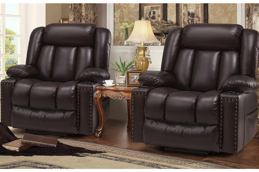 Large Power Lift Chairs Recliners for Elderly with Heat and Massage Set of 2, Breathable Leather, USB-A USB-C, Cup Holder, Side Pocket, Dark Brown