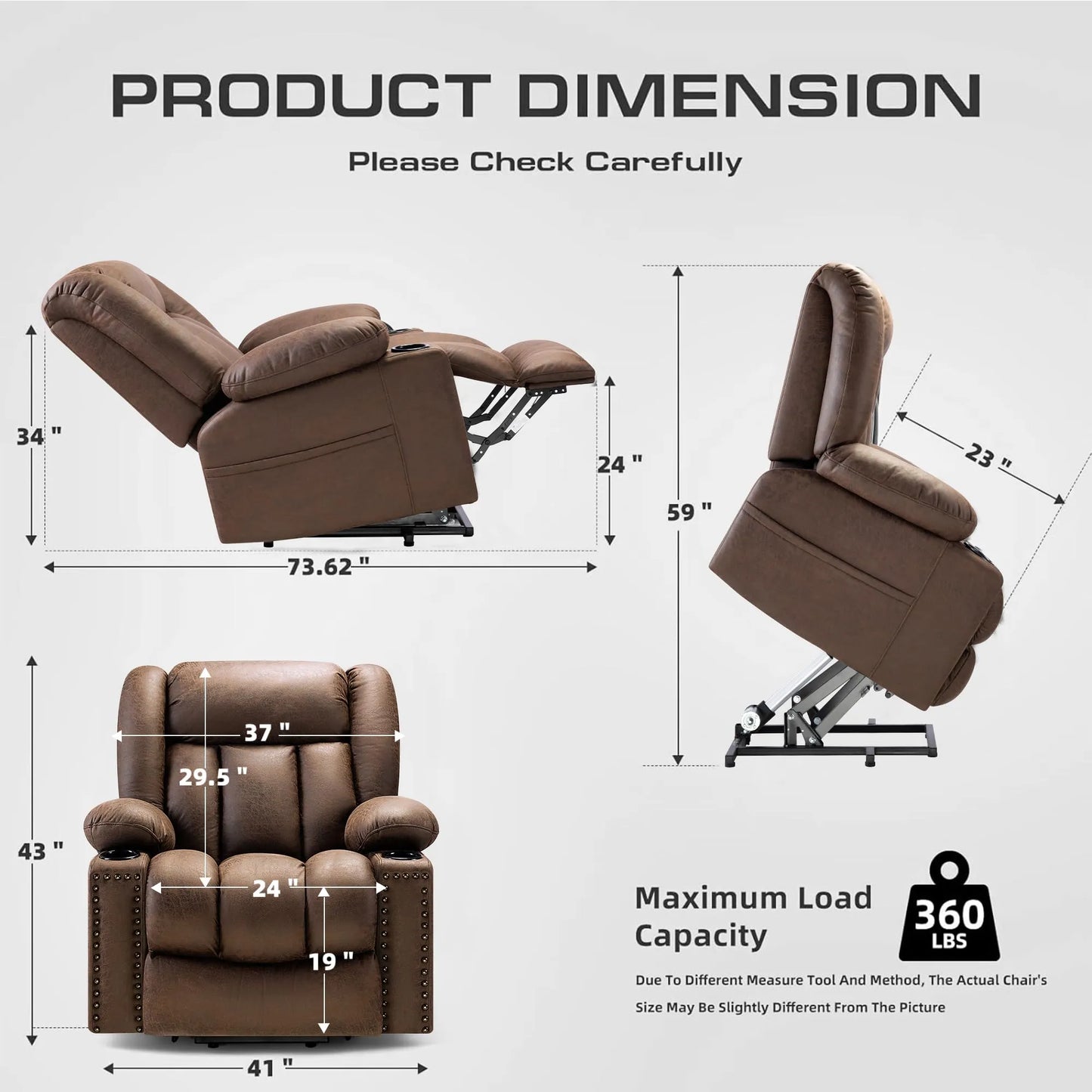 Large Power Lift Chairs Recliners for Elderly with Heated and Massage, Breathable Leather, USB-A and USB-C, Cup Holder, Side Pocket, Chocolate
