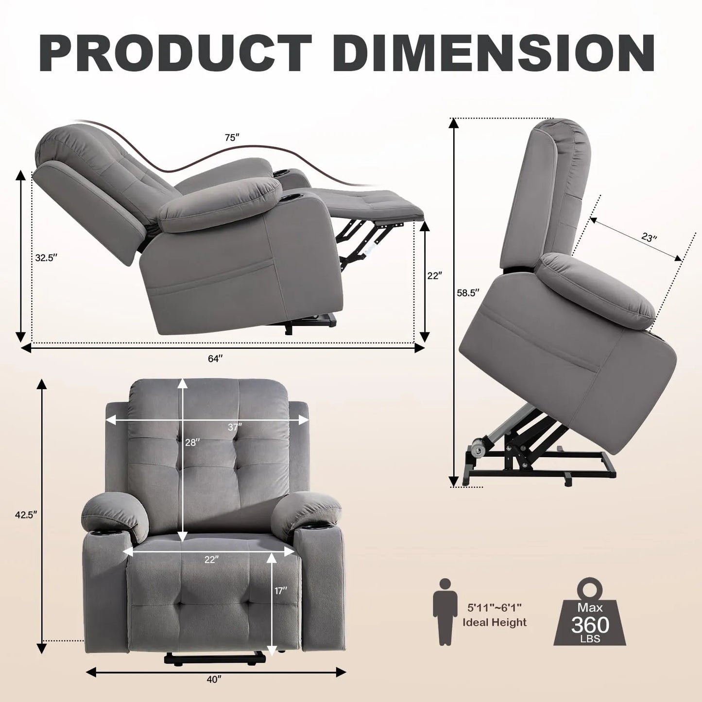 Large Power Lift Chairs Recliners for Elderly with Heated and Massage, Breathable Leather, USB-A and USB-C, Cup Holder, Side Pocket,Plush Grey