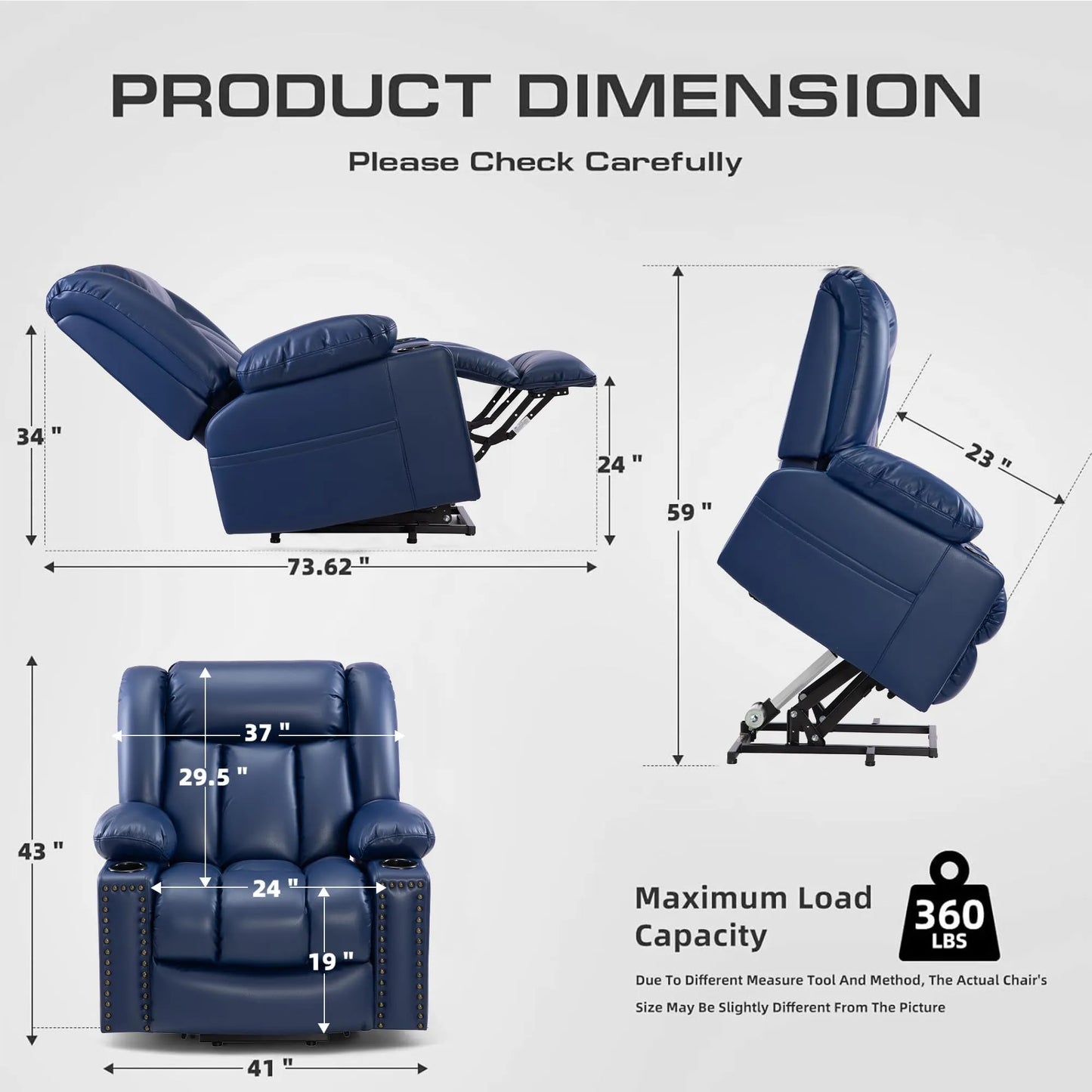 Large Power Lift Chairs Recliners for Elderly with Heated and Massage, Breathable Leather, USB-A and USB-C, Cup Holder, Side Pocket, Blue