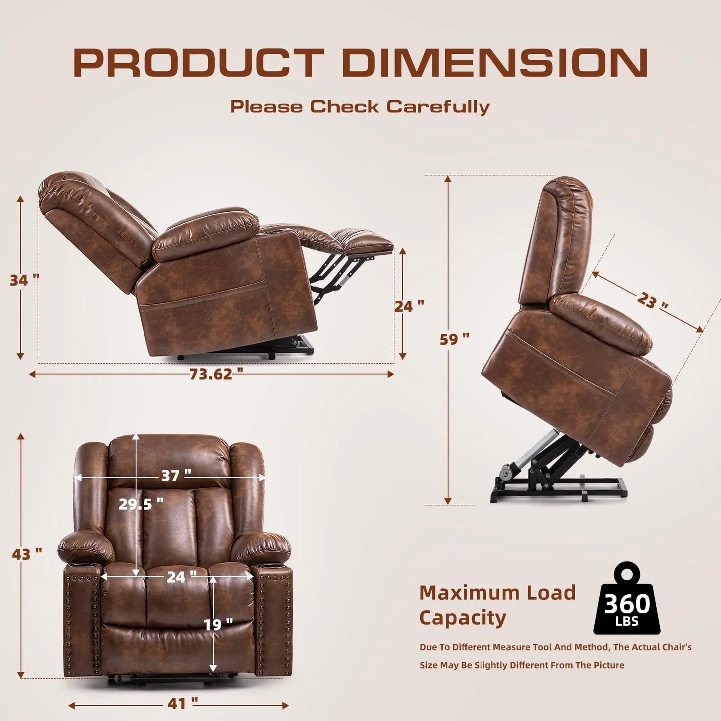 Large Power Lift Chairs Recliners for Elderly with Heated and Massage, Breathable Leather, USB-A and USB-C, Cup Holder, Side Pocket, Brown