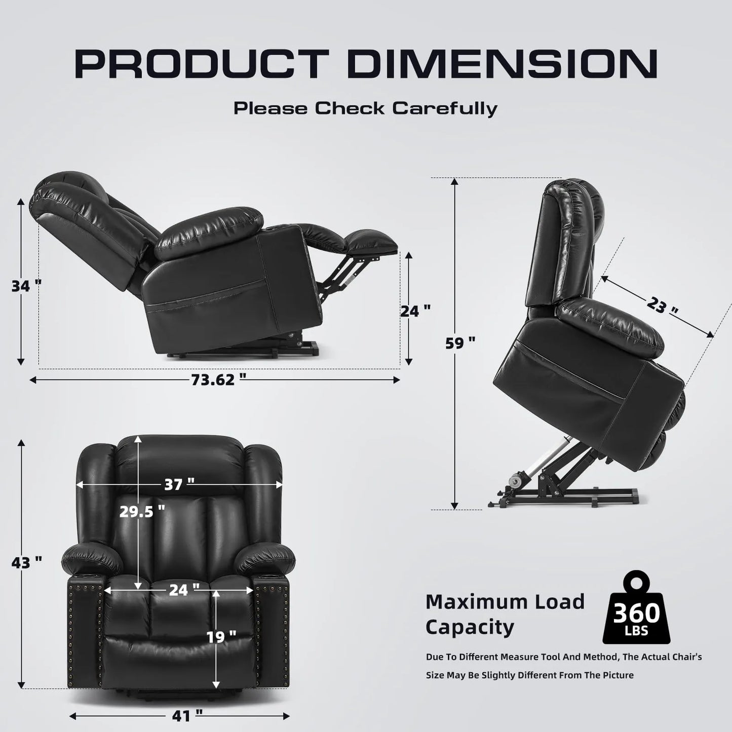Large Power Lift Chairs Recliners for Elderly with Heated and Massage, Breathable Leather, USB-A and USB-C, Cup Holder, Side Pocket, Black