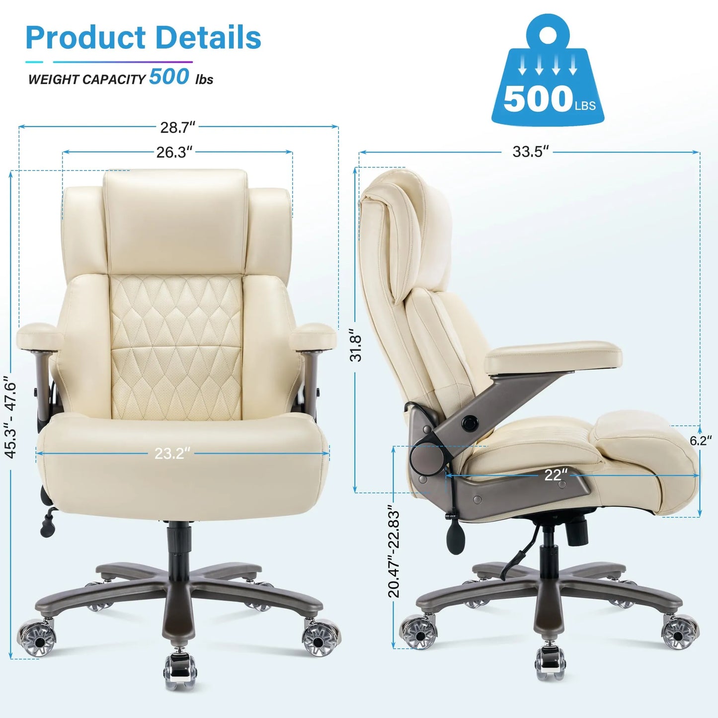 Big and Tall 500lbs Office Chair - Adjustable Lumbar Support, Beigi