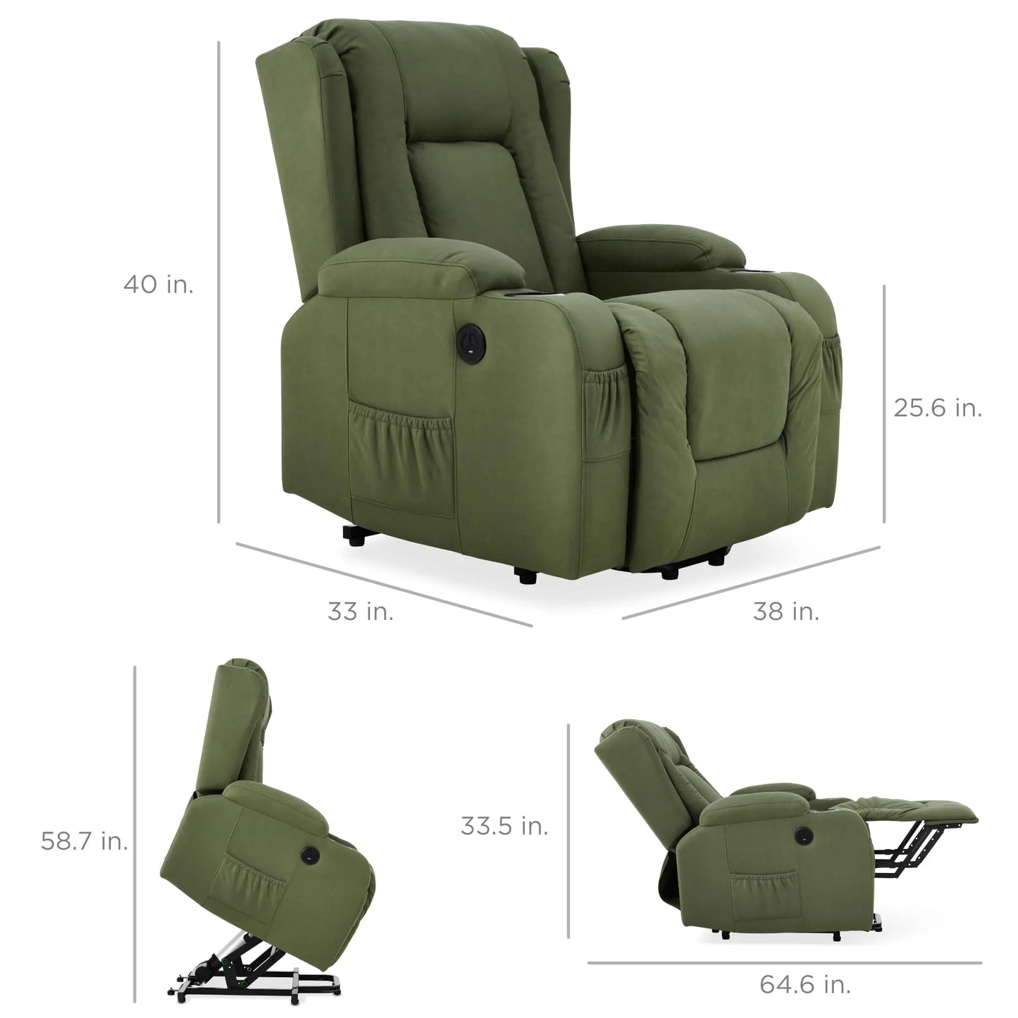 PU Leather Electric Power Lift Chair, Recliner Massage Chair,Olive