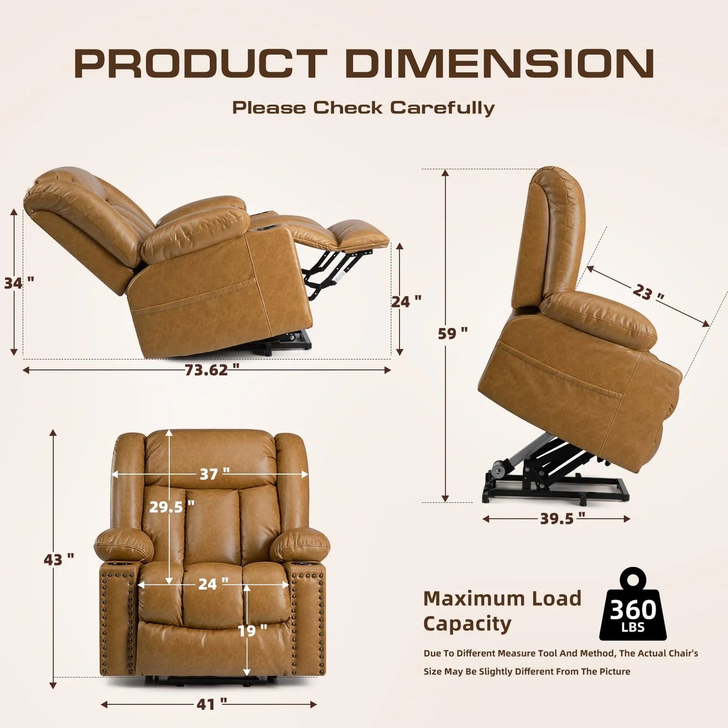 Large Power Lift Chairs Recliners for Elderly with Heated and Massage, Breathable Leather, USB-A and USB-C, Cup Holder, Side Pocket, Caramel
