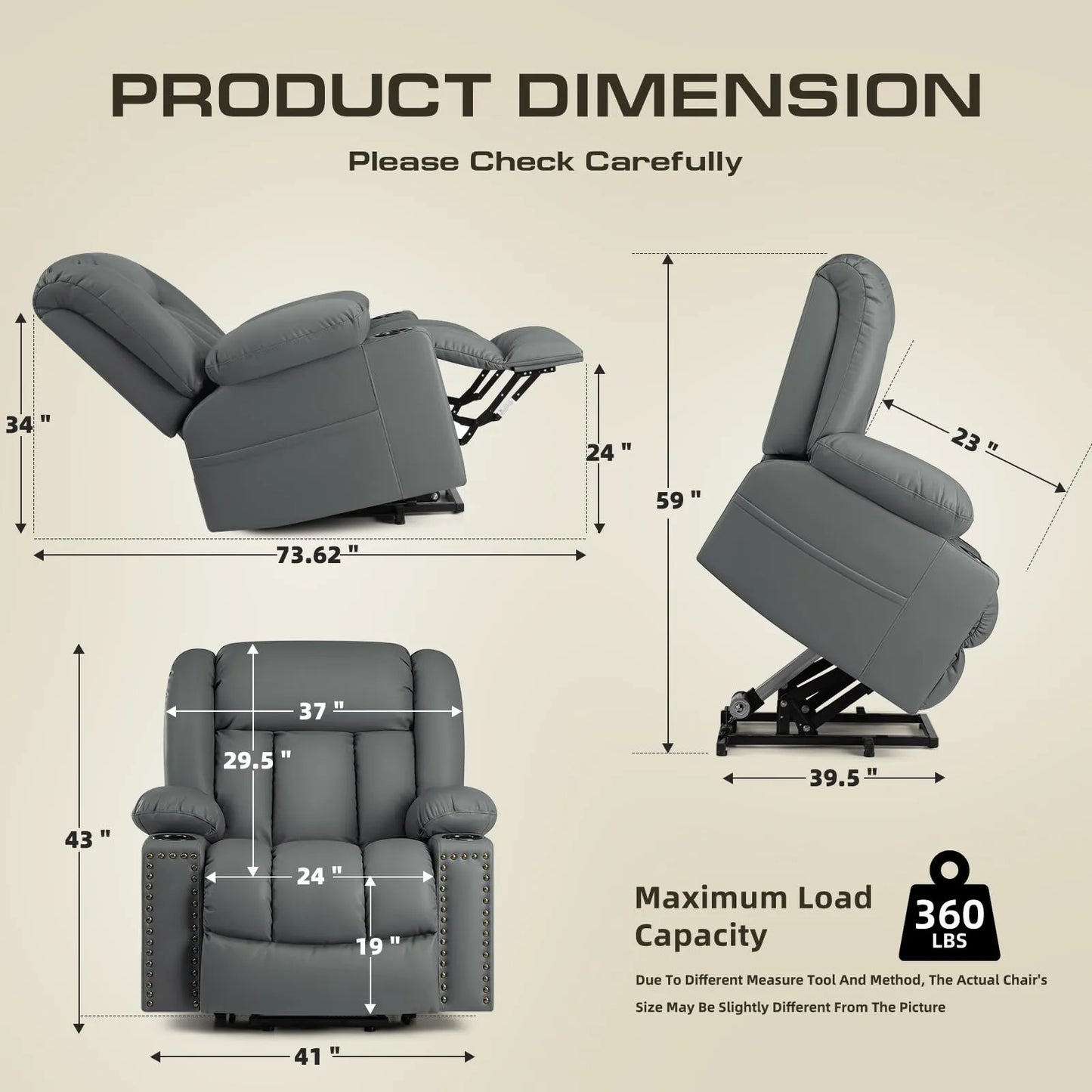 Large Power Lift Chairs Recliners for Elderly with Heated and Massage, Breathable Leather, USB-A and USB-C, Cup Holder, Side Pocket, Grey