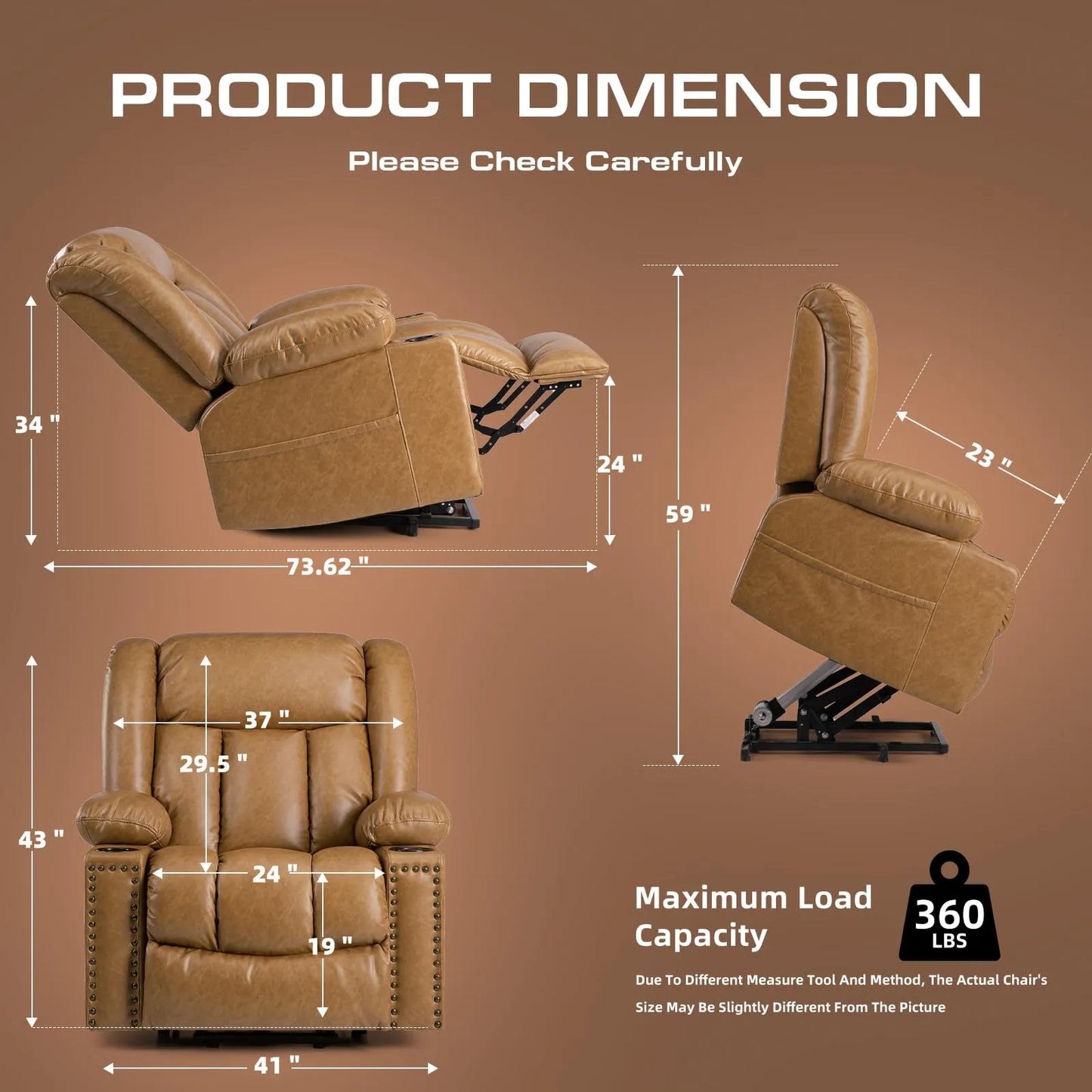 Large Power Lift Chairs Recliners for Elderly with Heat and Massage Set of 2, Breathable Leather, USB-A USB-C, Cup Holder, Side Pocket, Caramel