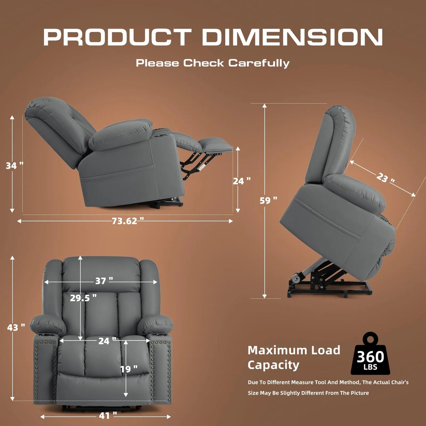 Large Power Lift Chairs Recliners for Elderly with Heat and Massage Set of 2, Breathable Leather, USB-A USB-C, Cup Holder, Side Pocket Grey