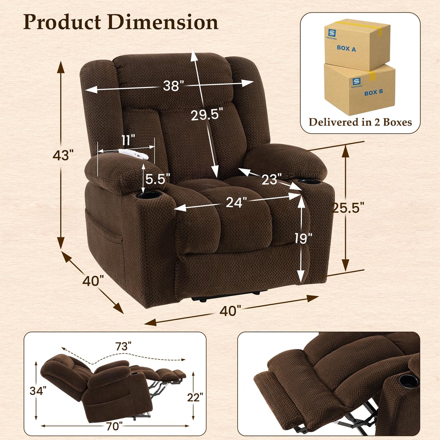 Cfvyne Large-Wide Power Lift Recliner Chair for Elderly, Big and Tall, Heat and Massage, Lift Chairs Recliners with Extended Footrest, Remote Control, 2 Cup Holders, Dark Brown