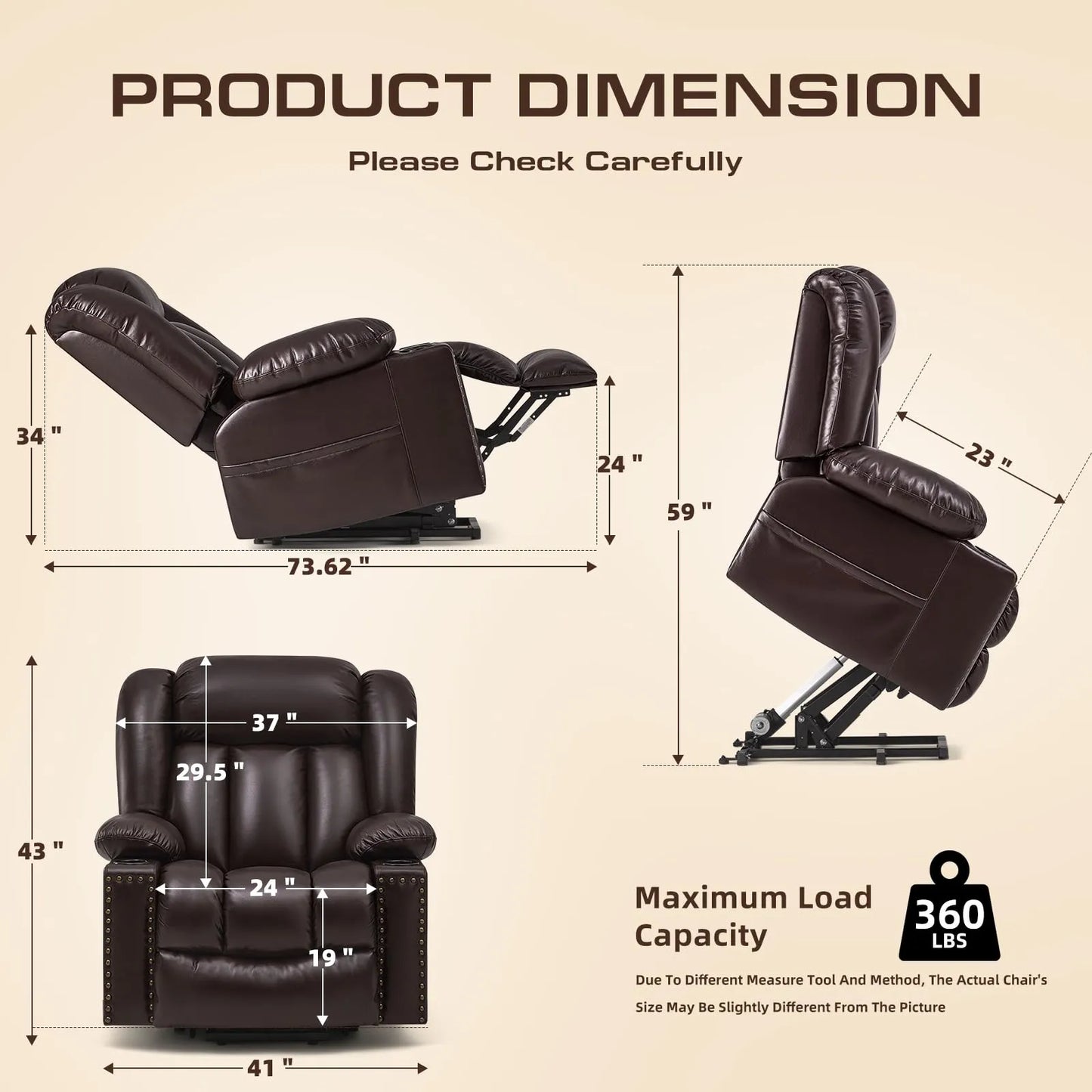 Large Power Lift Chairs Recliners for Elderly with Heated and Massage, Breathable Leather, USB-A and USB-C, Cup Holder, Side Pocket, Dark Brown