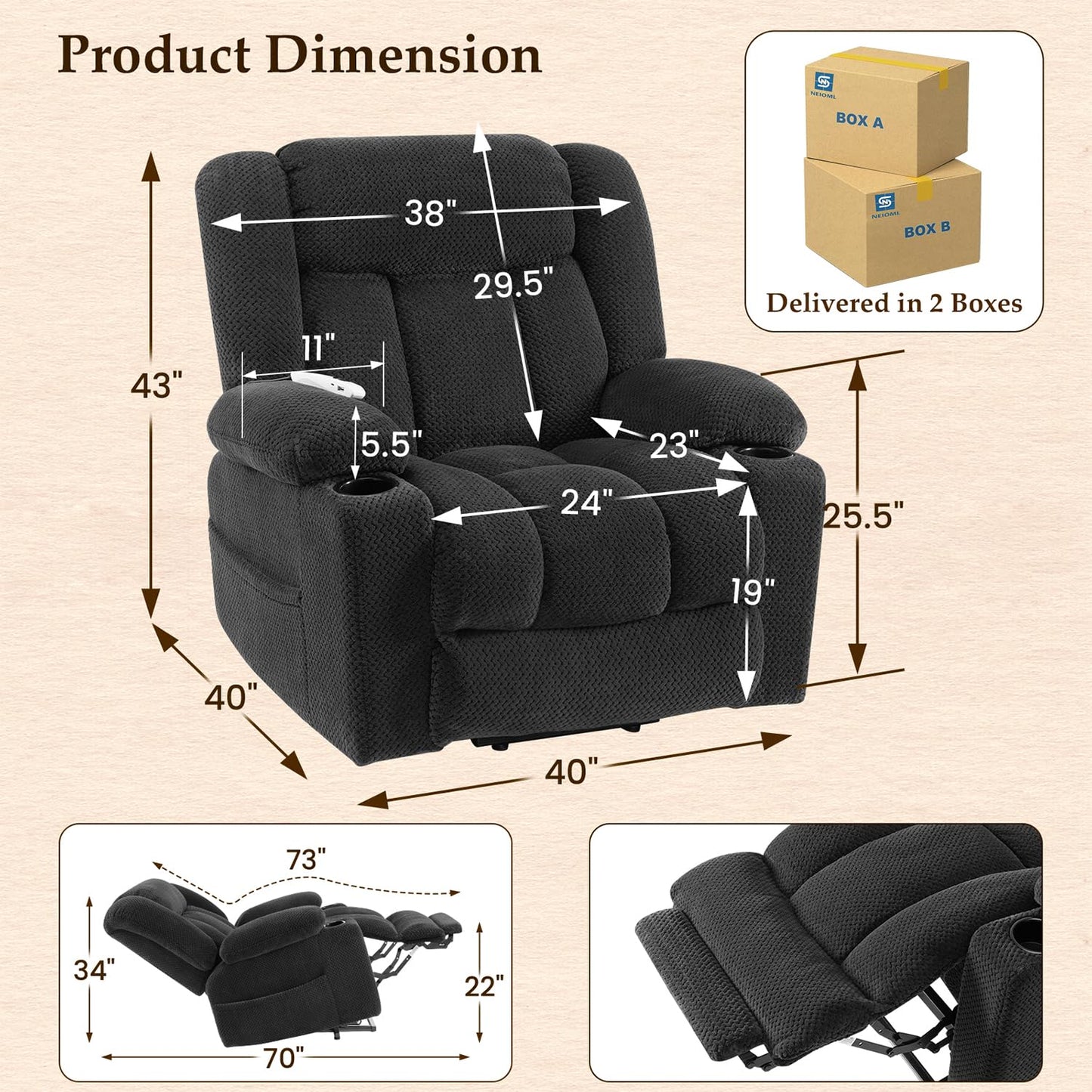 Cfvyne Large-Wide Power Lift Recliner Chair for Elderly, Big and Tall, Heat and Massage, Lift Chairs Recliners with Extended Footrest, Remote Control, 2 Cup Holders, Gray