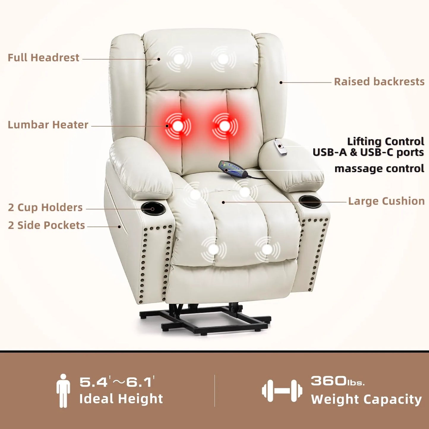 Large Power Lift Chairs Recliners for Elderly with Heated and Massage, Breathable Leather, USB-A and USB-C, Cup Holder, Side Pocket, Beigi