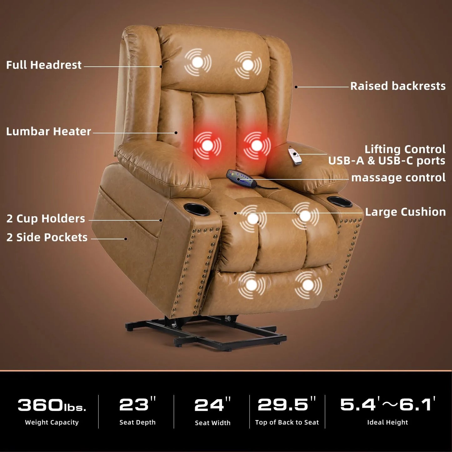 Large Power Lift Chairs Recliners for Elderly with Heat and Massage Set of 2, Breathable Leather, USB-A USB-C, Cup Holder, Side Pocket, Caramel