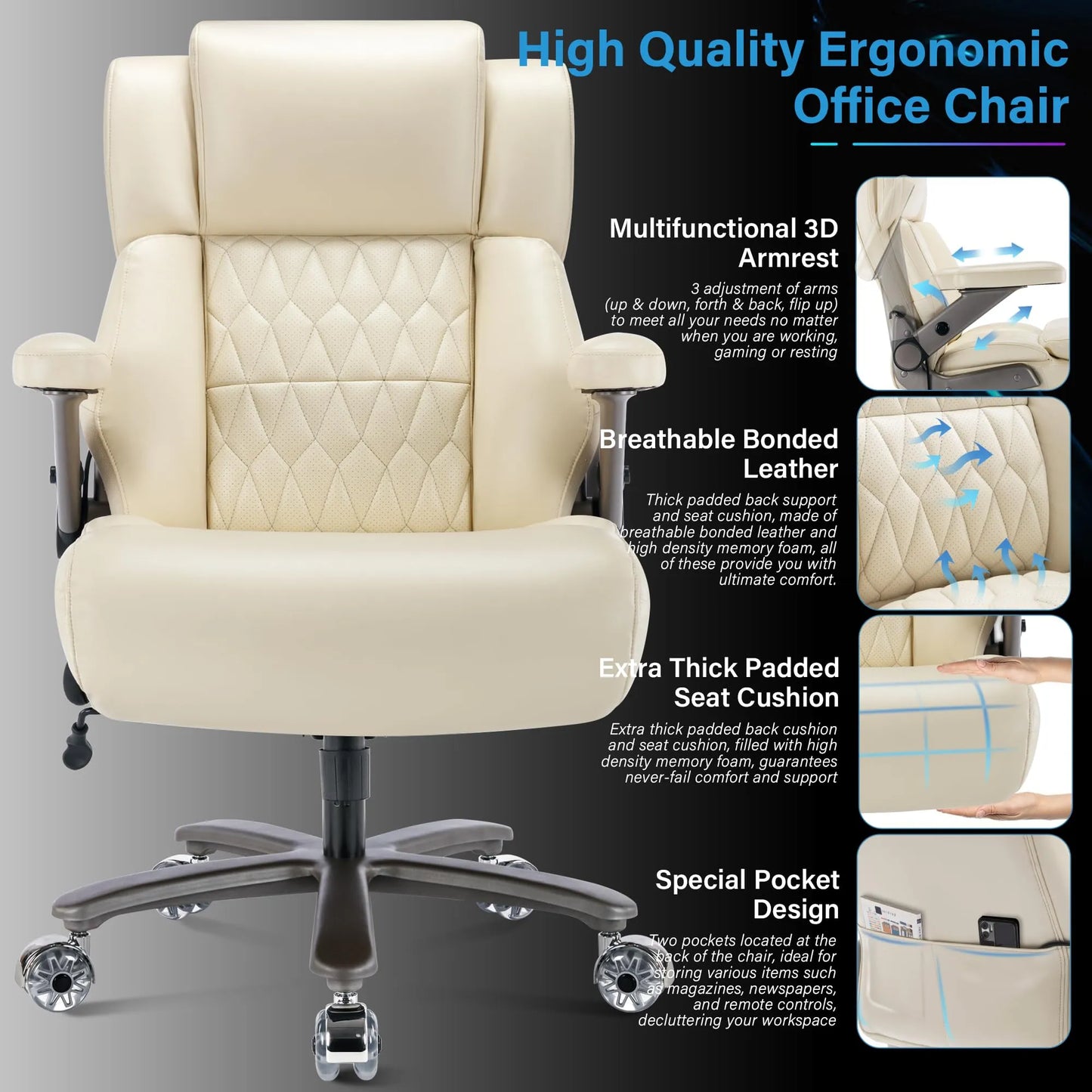 Big and Tall 500lbs Office Chair - Adjustable Lumbar Support, Beigi