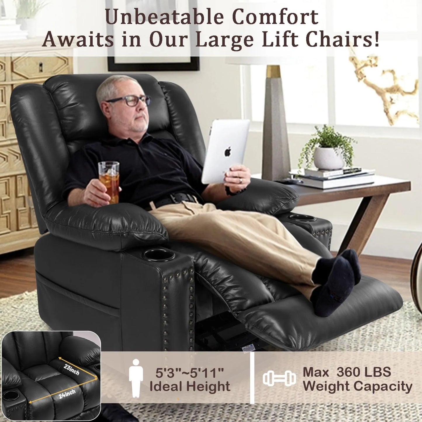 Large Power Lift Chairs Recliners for Elderly with Heated and Massage, Breathable Leather, USB-A and USB-C, Cup Holder, Side Pocket, Black