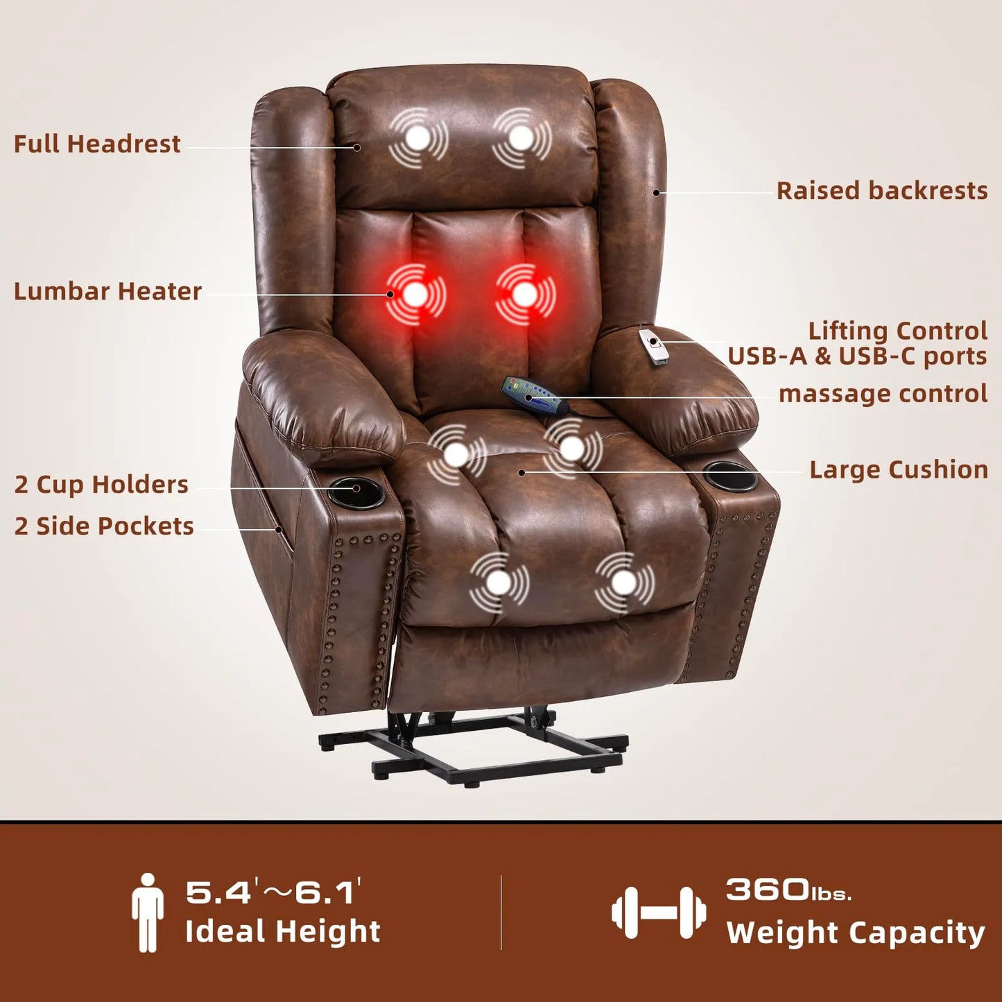 Large Power Lift Chairs Recliners for Elderly with Heated and Massage, Breathable Leather, USB-A and USB-C, Cup Holder, Side Pocket, Brown
