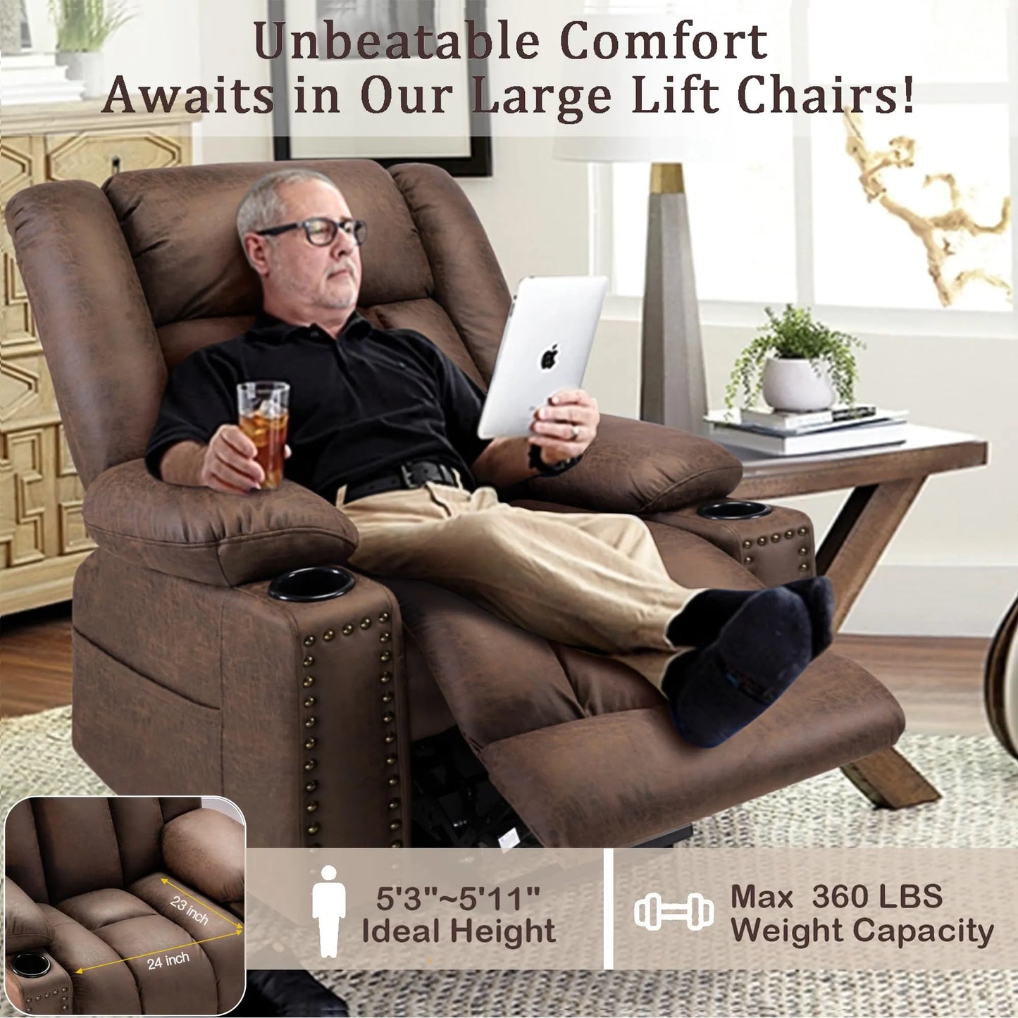 Large Power Lift Chairs Recliners for Elderly with Heated and Massage, Breathable Leather, USB-A and USB-C, Cup Holder, Side Pocket, Chocolate