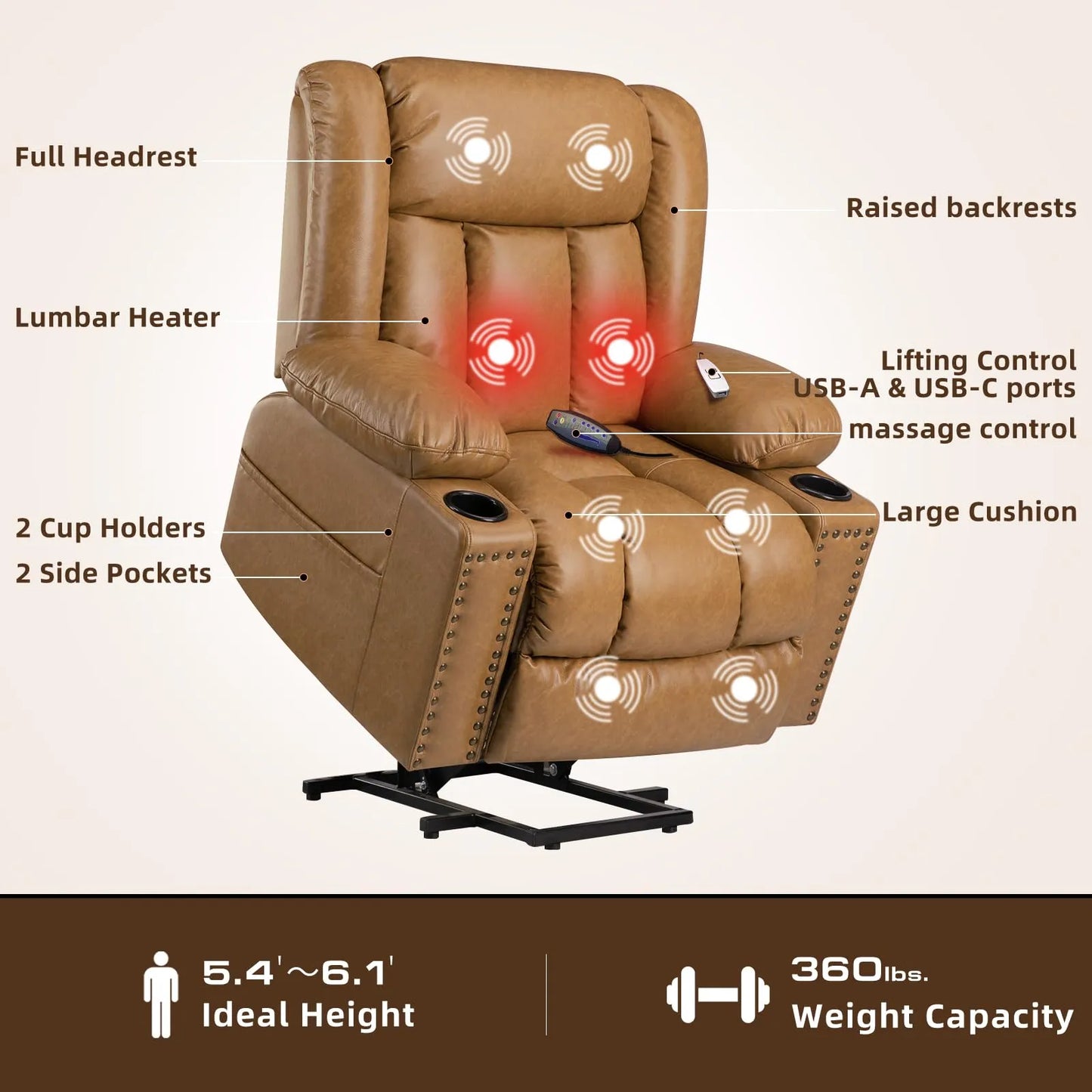 Large Power Lift Chairs Recliners for Elderly with Heated and Massage, Breathable Leather, USB-A and USB-C, Cup Holder, Side Pocket, Caramel