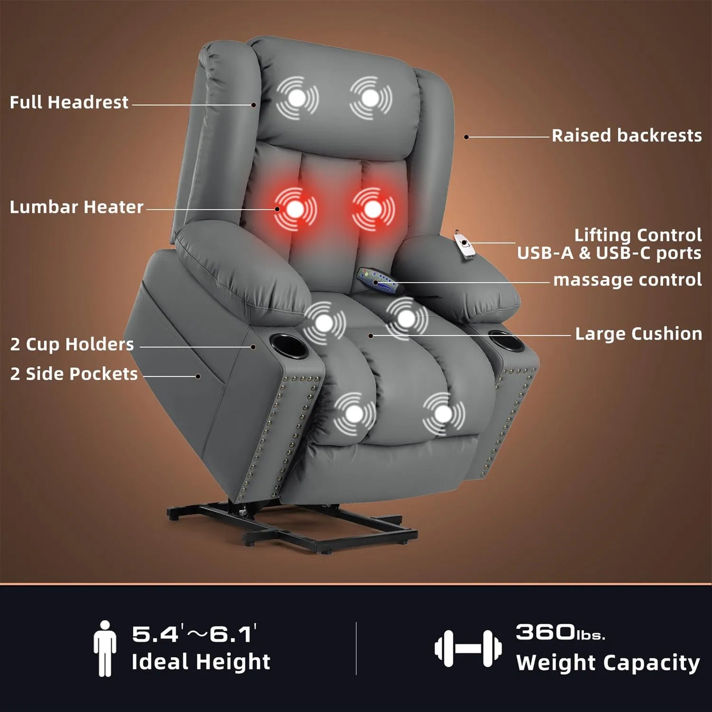 Large Power Lift Chairs Recliners for Elderly with Heat and Massage Set of 2, Breathable Leather, USB-A USB-C, Cup Holder, Side Pocket Grey
