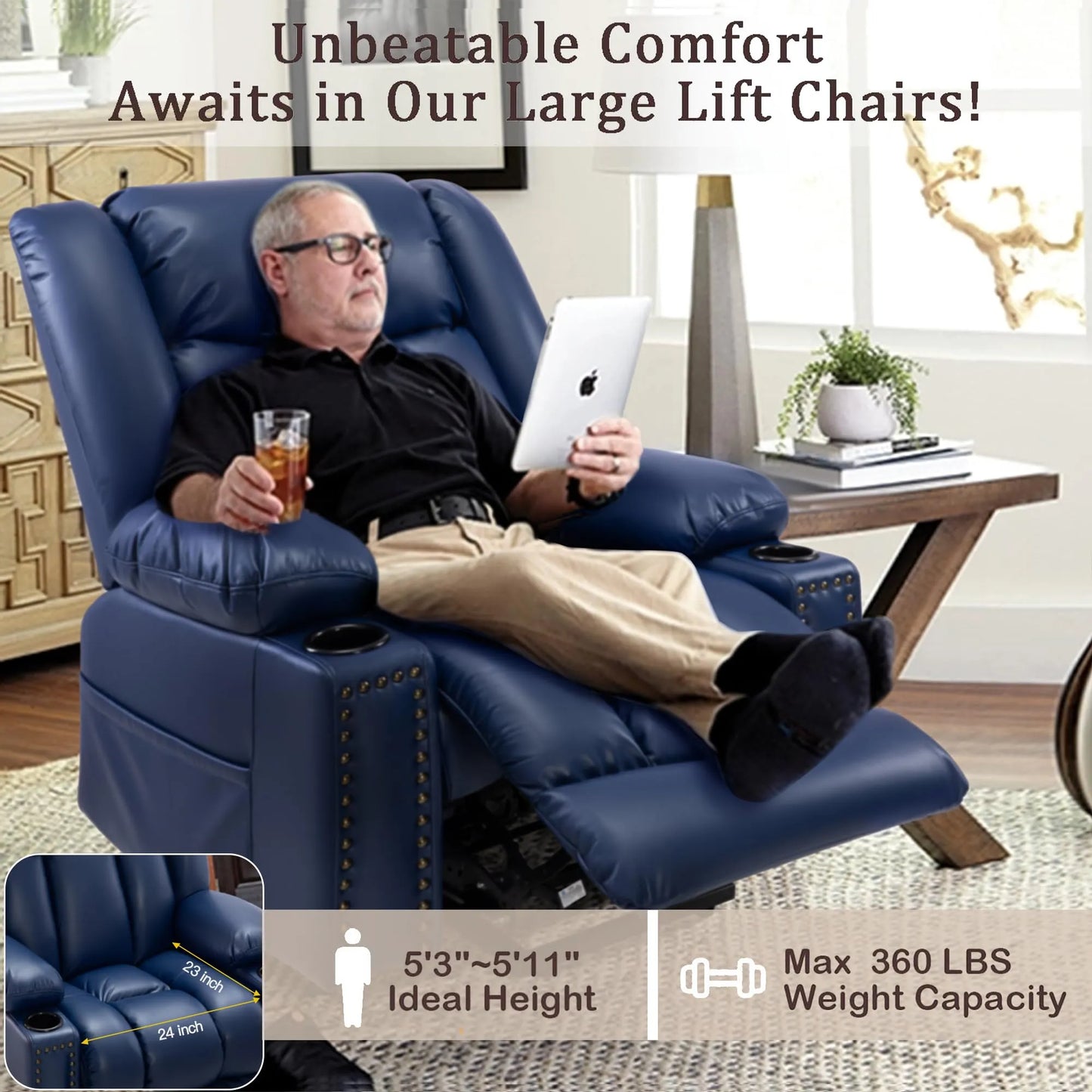 Large Power Lift Chairs Recliners for Elderly with Heat and Massage Set of 2, Breathable Leather, USB-A USB-C, Cup Holder, Side Pocket, Blue