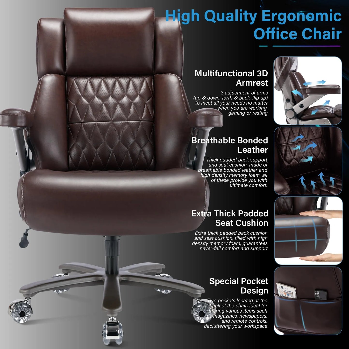 Big and Tall 500lbs Office Chair - Adjustable Lumbar Support, Brown