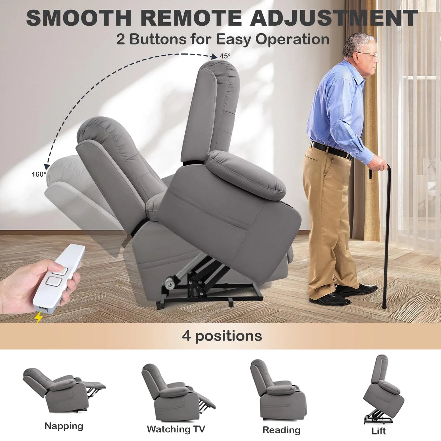 Large Power Lift Chairs Recliners for Elderly with Heated and Massage, Breathable Leather, USB-A and USB-C, Cup Holder, Side Pocket,Plush Grey