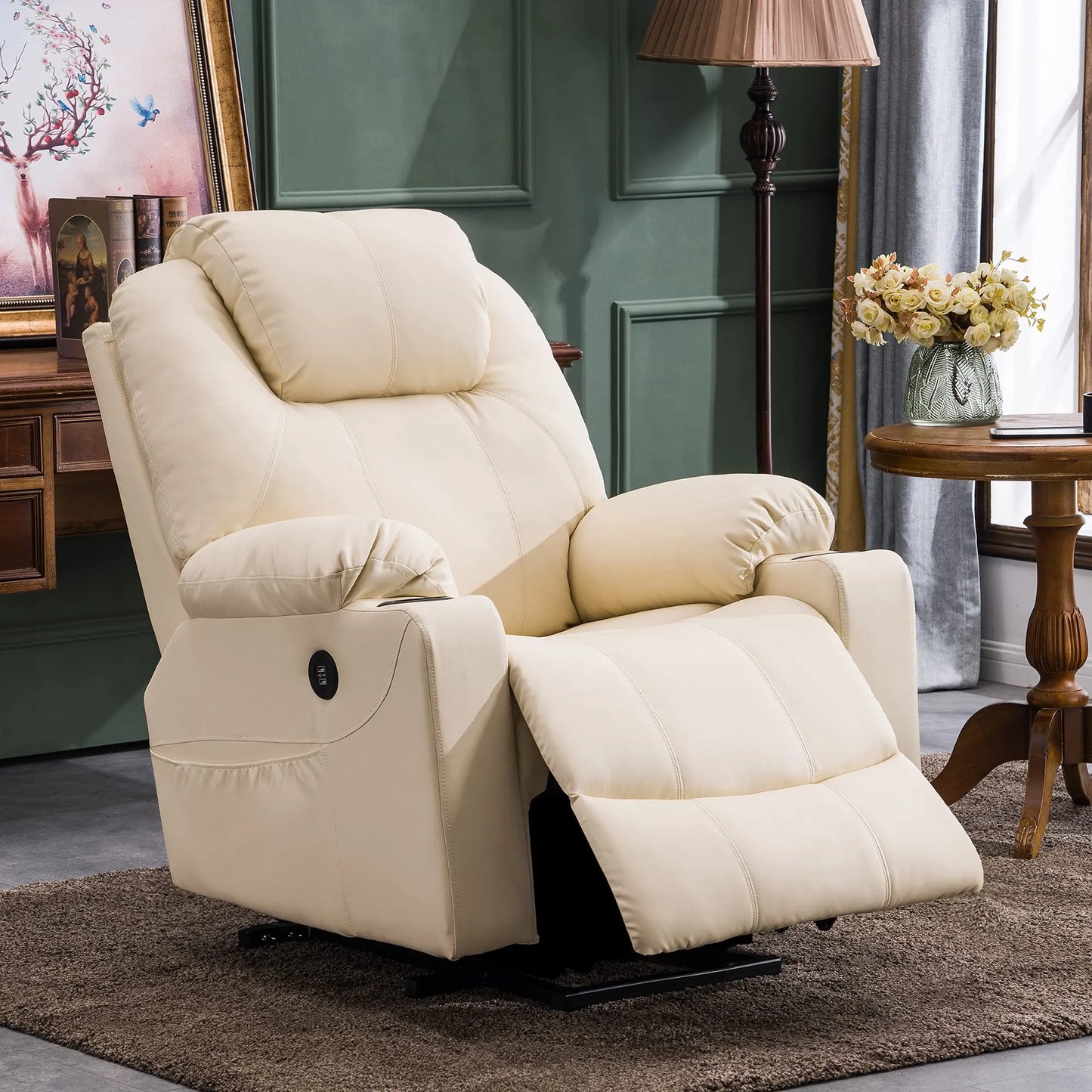 Electric Power Lift Recliner Chair Sofa with Massage and Heat for Elderly,Cream White