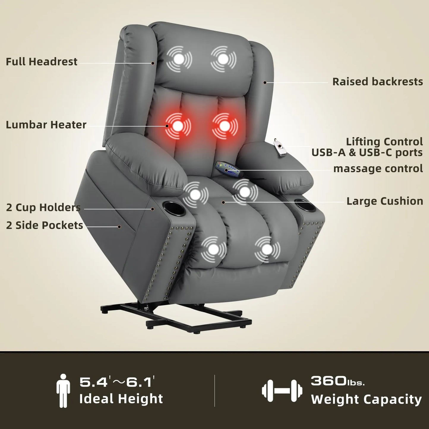 Large Power Lift Chairs Recliners for Elderly with Heated and Massage, Breathable Leather, USB-A and USB-C, Cup Holder, Side Pocket, Grey