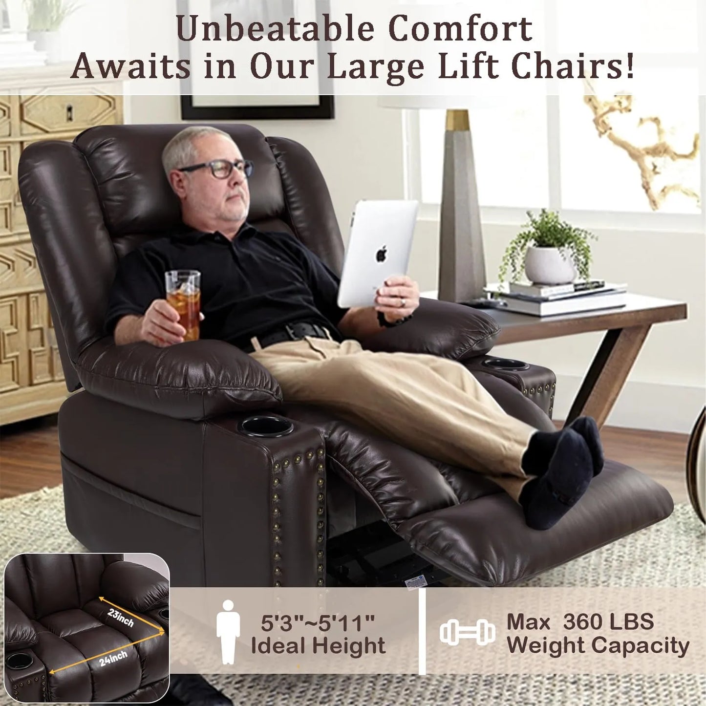 Large Power Lift Chairs Recliners for Elderly with Heated and Massage, Breathable Leather, USB-A and USB-C, Cup Holder, Side Pocket, Dark Brown