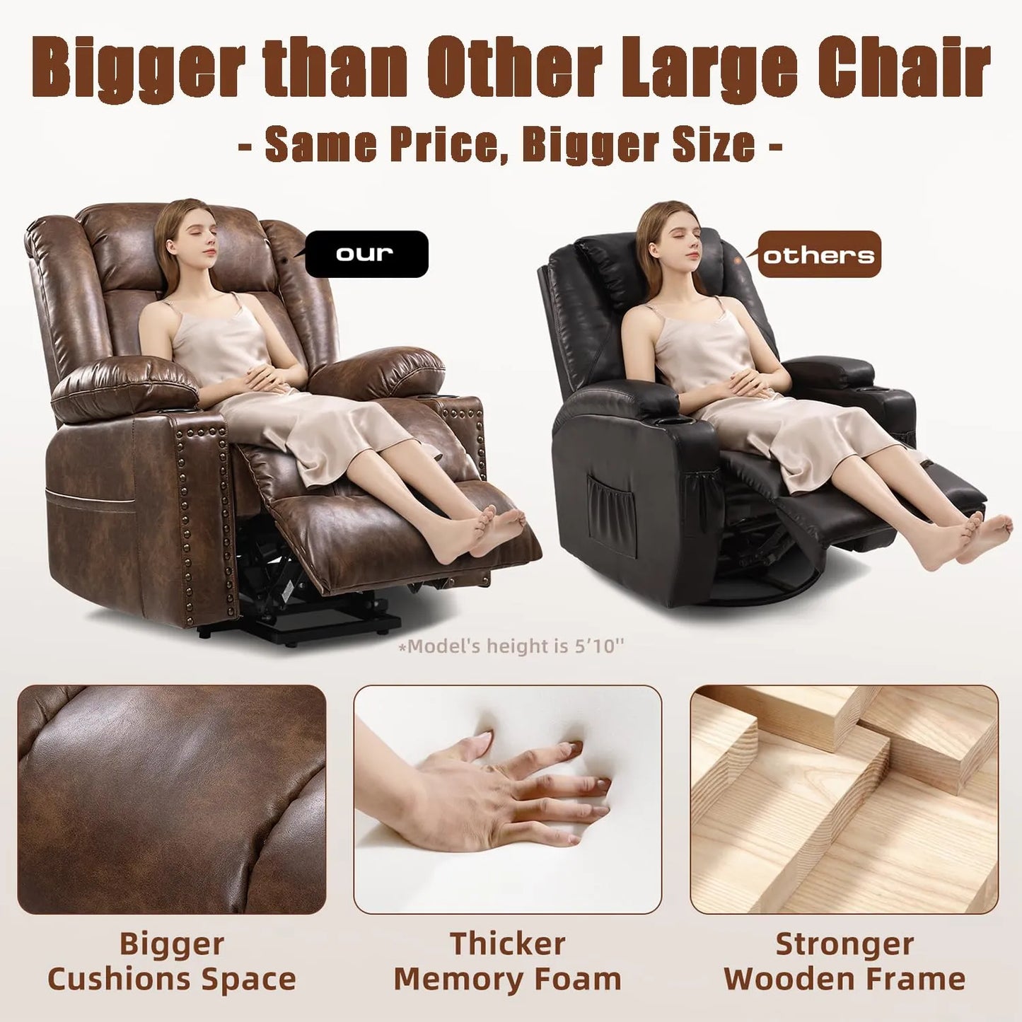 Large Power Lift Chairs Recliners for Elderly with Heated and Massage, Breathable Leather, USB-A and USB-C, Cup Holder, Side Pocket, Brown