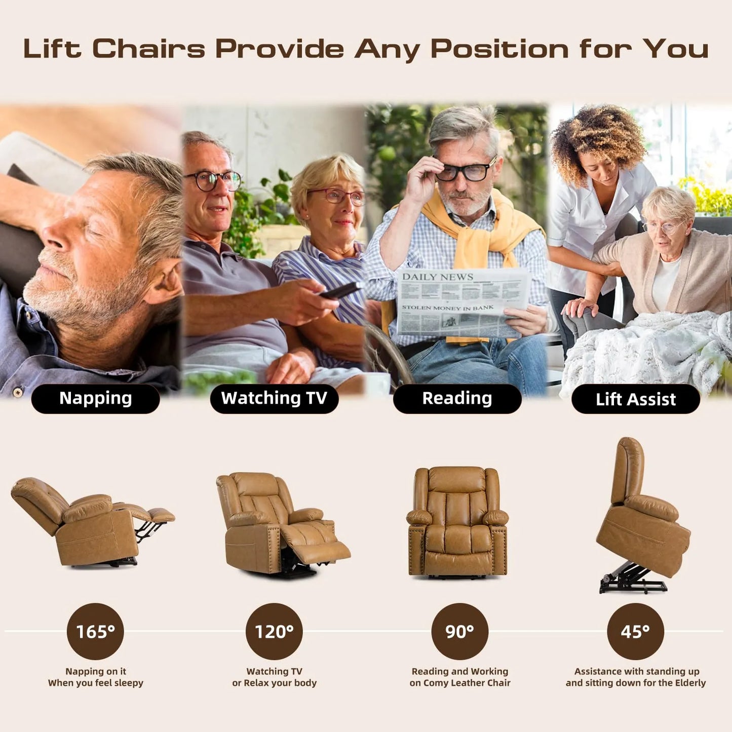 Large Power Lift Chairs Recliners for Elderly with Heated and Massage, Breathable Leather, USB-A and USB-C, Cup Holder, Side Pocket, Caramel