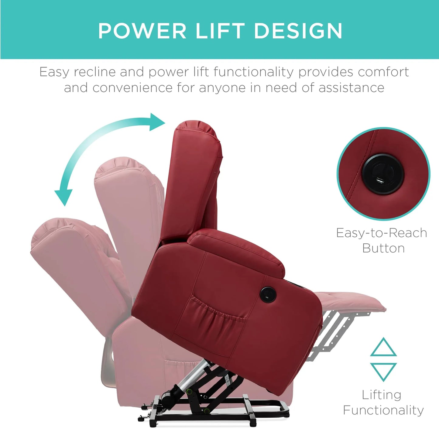 PU Leather Electric Power Lift Chair, Recliner Massage Chair,Red