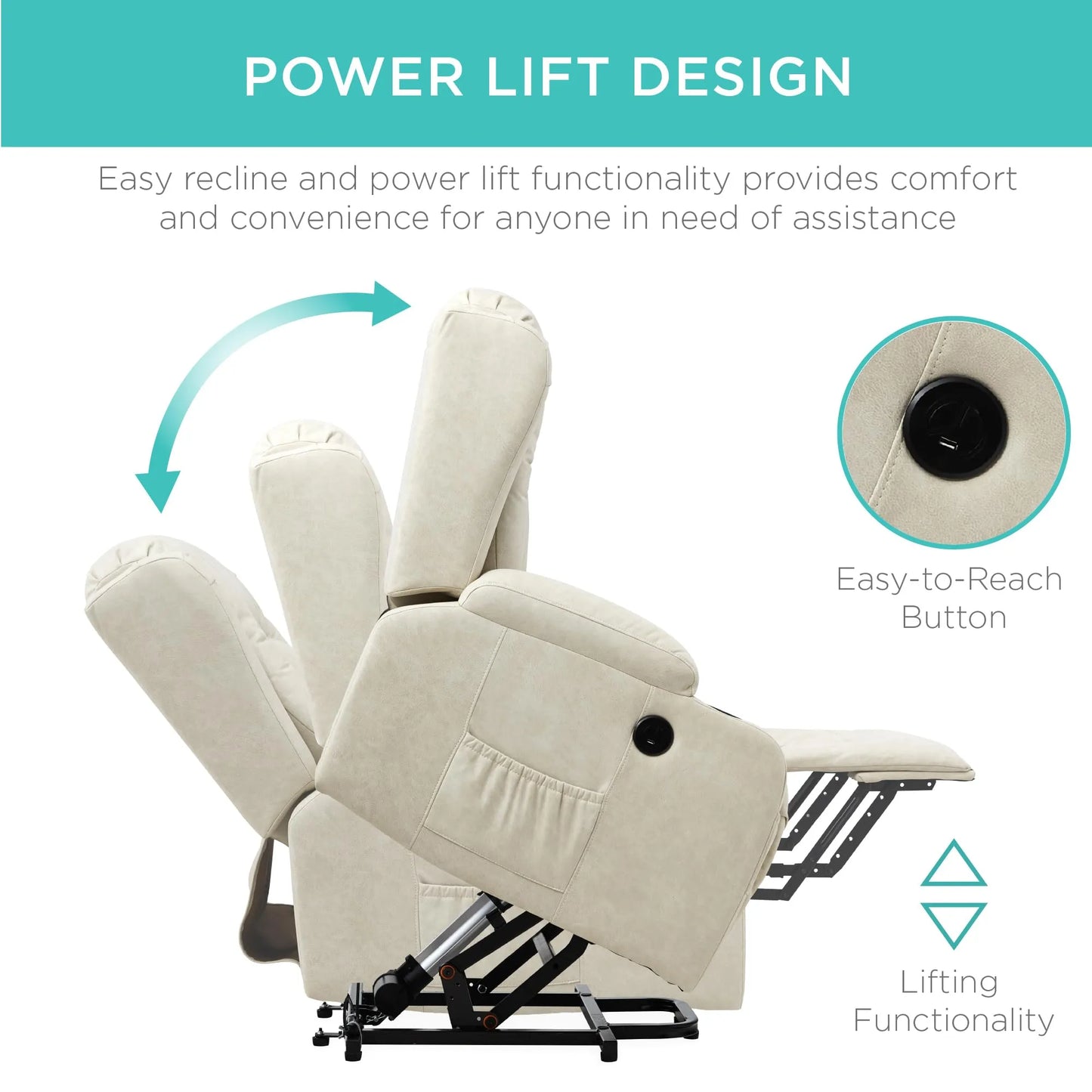 PU Leather Electric Power Lift Chair, Recliner Massage Chair,Beigi