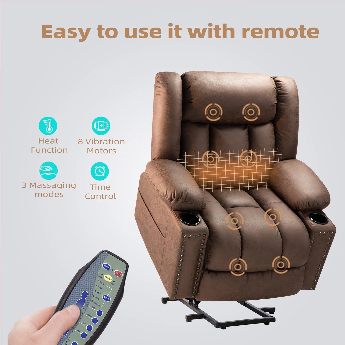 Large Power Lift Chairs Recliners for Elderly with Heated and Massage, Breathable Leather, USB-A and USB-C, Cup Holder, Side Pocket, Chocolate