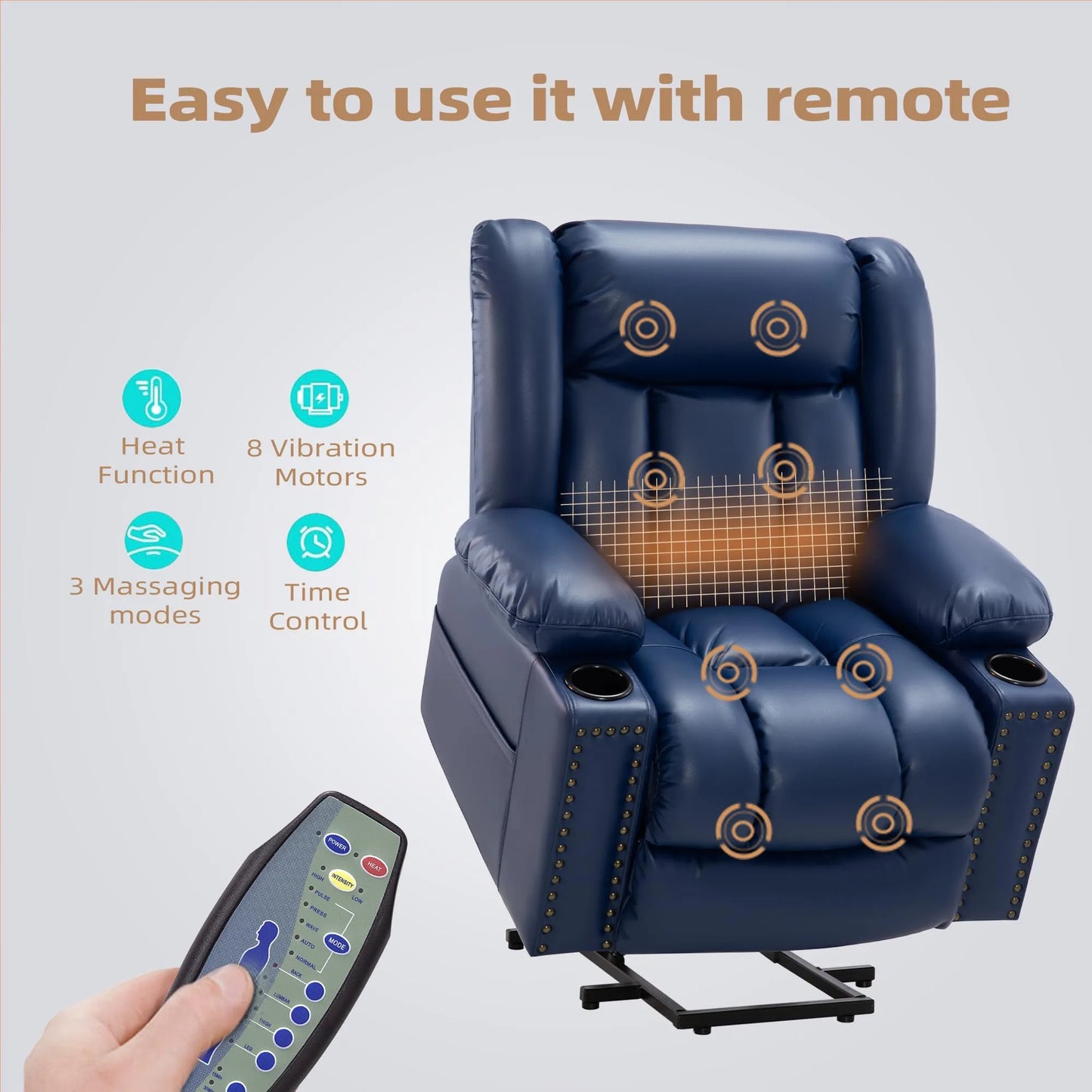 Large Power Lift Chairs Recliners for Elderly with Heated and Massage, Breathable Leather, USB-A and USB-C, Cup Holder, Side Pocket, Blue