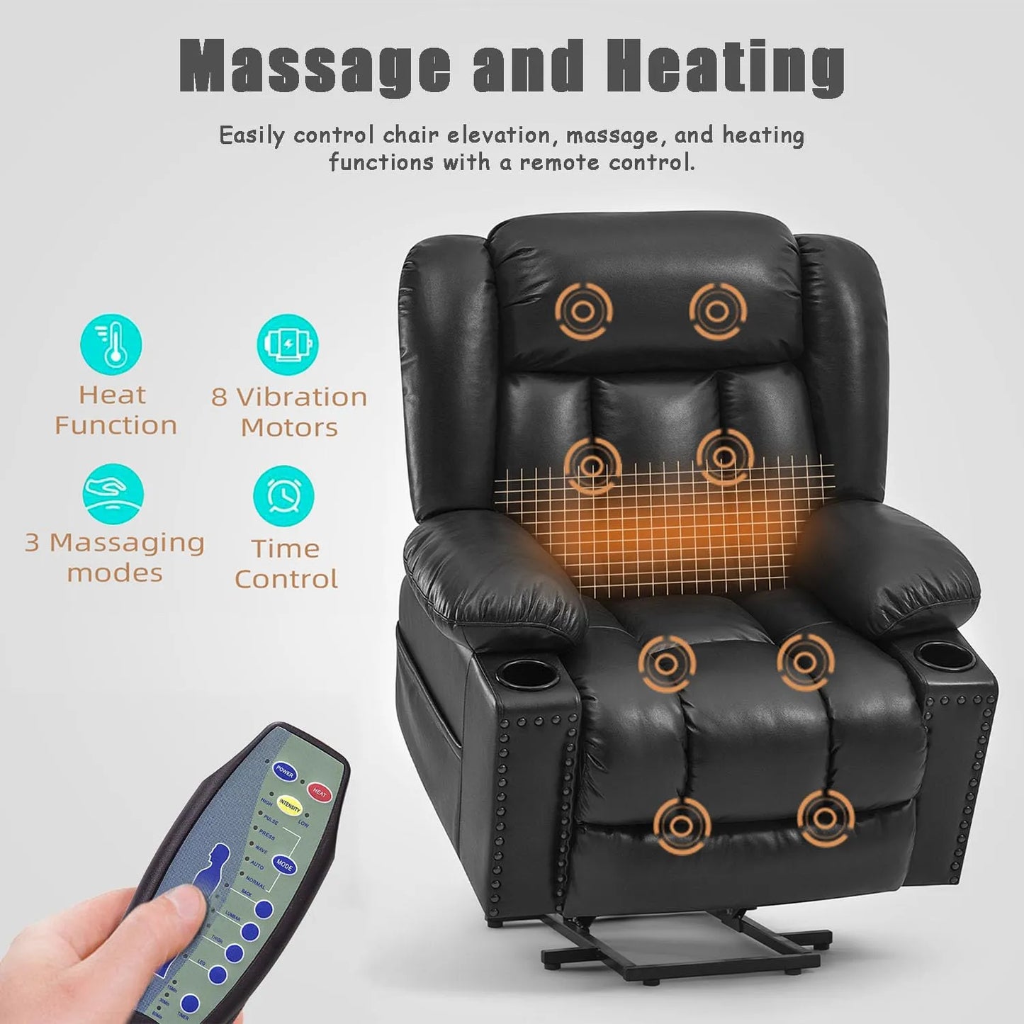 Large Power Lift Chairs Recliners for Elderly with Heated and Massage, Breathable Leather, USB-A and USB-C, Cup Holder, Side Pocket, Black